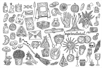 Supernatural magic collection of magical elements. Witch's things, vintage retro engraving style, vector graphics