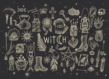 Supernatural Magic Collection Of Magical Elements. Witch's Things, Vintage Retro Engraving Style, Vector Graphics