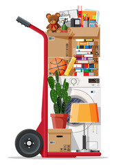 Wall Mural - Hand truck and package for transportation. Moving to new house. Family relocated to new home. Paper cardboard boxes with various household thing. Vector illustration in flat style