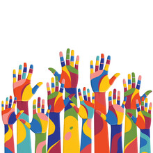 Colorful Up Hands. Volunteers. Vector Illustration, An Association, Unity, Partners, Company, Friendship, Friends Party Background. Vector Illustration