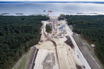 Canvas Print - High angle view of Vistula Spit canal called Nowy Swiat New World canal building site between Vistula Lagoon and Bay of Gdansk, Baltic Sea, Poland