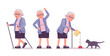© andrew_rybalko - Old man, elderly person with nordic walking poles, cat. Senior citizen, retired grandmother wearing glasses, old pensioner, grandma. Vector flat style cartoon illustration isolated, white background