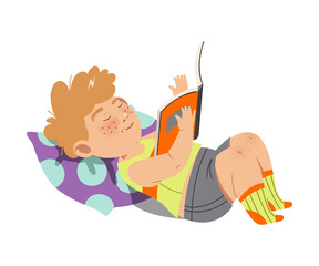 Wall Mural - Interested Boy Character Lying on Pillow with Open Book and Reading Vector Illustration