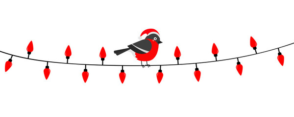 Wall Mural - Bullfinch bird in red Santa hat. Christmas lights. Red lightbulb glowing garland. Colorful string fairy light set. Cone shape. Holiday festive xmas decoration. Flat design. White background.