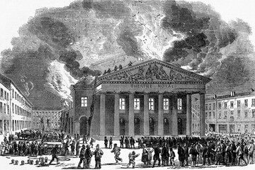 Poster - Burning of the Theatre of La Monnaie at Brussels, Belgium. 1855. Antique illustration. 1867.