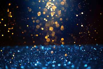 Wall Mural - golden abstract bokeh on dark blue background. holiday concept