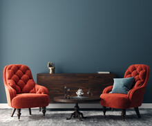 Elegant Dark Interior With Bright Red Armchairs, 3d Render