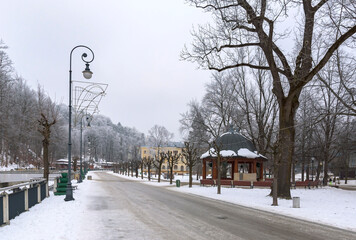 Winter view of Krynica Zdroj town center