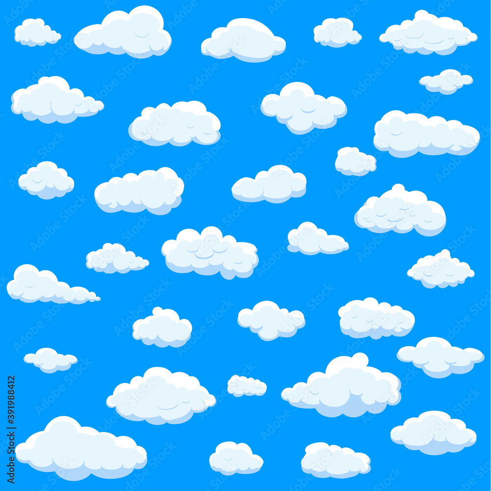 Vector de Stock White cartoon clouds set isolated on blue background ...