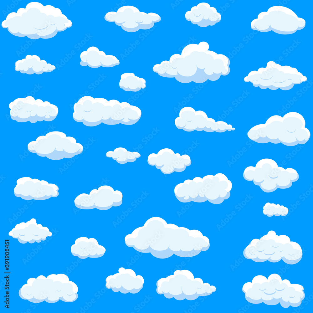 White cartoon clouds set isolated on blue background. Collection of ...