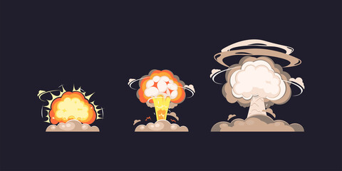 Nuclear explosion bomb blast in flat style collection, nuke atomic explode blast mushroom collection.