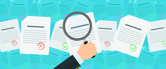 Document search magnifying glass flat vector background, research concept backdrop.
