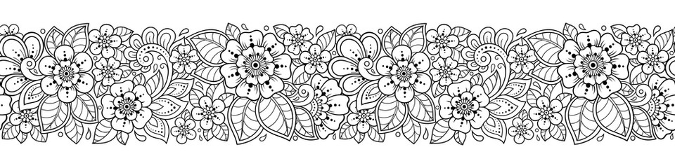 Wall Mural - Seamless borders pattern with Mehndi flower for Henna drawing and tattoo. Decoration in ethnic oriental, Indian style. Doodle ornament. Outline hand draw vector illustration.