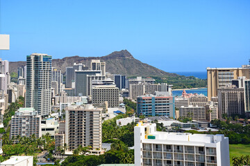 Waikiki ciy view with Diamond Head in the background on Oahu, Hawaii. 