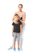 © Pixel-Shot - Mother and her diabetic son with glucometer on white background
