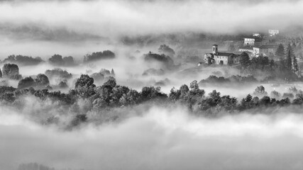 Sticker - Misty morning in the Alps mountains, Italy landscape