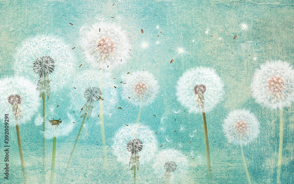 
3d picture dandelions on a green background - obrazy, fototapety, plakaty 