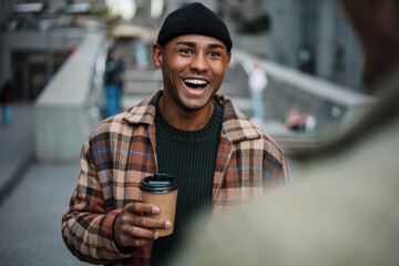 Wall Mural - Handsome happy young african man holding takeaway