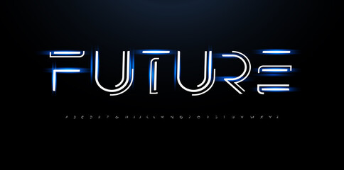 Wall Mural - Future style alphabet. Line innovation font, cyber tech type for innovate futuristic logo, techno monogram, network and hud graphic. New technology science style letters, vector typography design