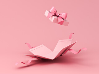 Blank sweet pink pastel color present box or open gift box with pink ribbon and bow isolated on pink background with shadow minimal concept 3D rendering