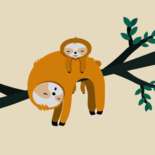 Cute Card With Sloth Mom And Baby. Happy Mothers Day. Vector Illustration.