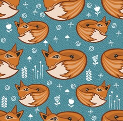 Wall Mural - Seamless scandinavian pattern. Vector kids background with fox and different elements. Design for prints, shirts and posters.