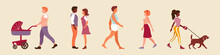 Set Of People Walking In The Park. Outdoor Activity. Vector Illustration.