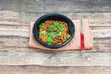 Wall Mural - Korean Japchae recipe with chicken, Sweet potato vermicelli, vegetables