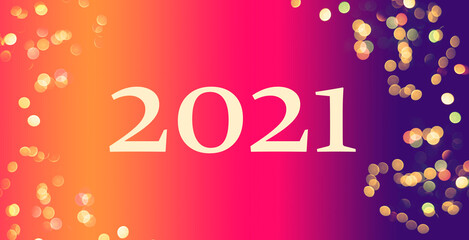 Happy 2021 New year yellow-purple hailstone background with lights and light letters 2021 piece of paper cut banner in paper style for your seasonal new year flyers, greetings and invitations, Christm