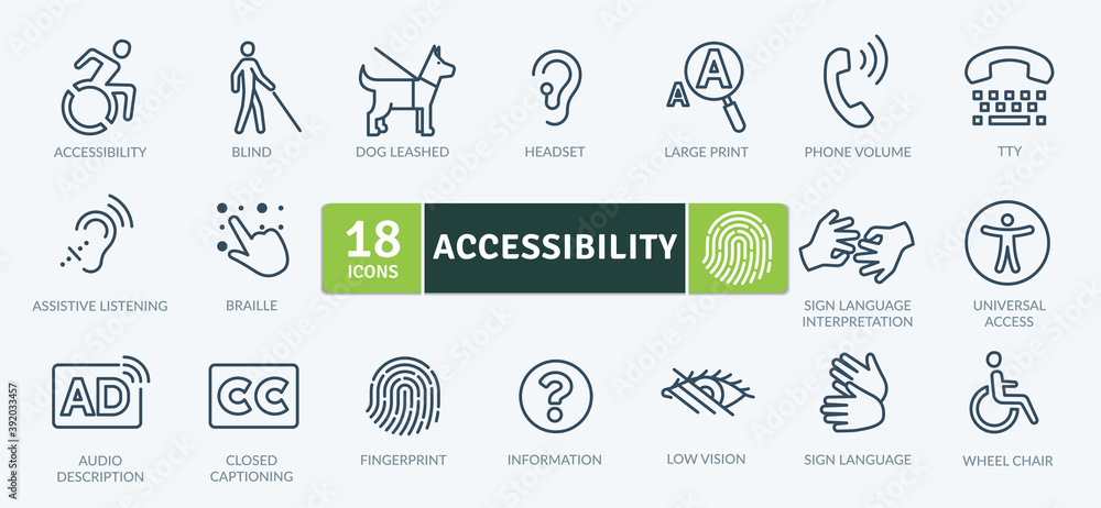 Accessibility Icons Pack. Thin line icons set. Flat icon collection set. Simple vector icons - obrazy, fototapety, plakaty 