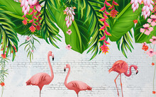 3d Illustration, White Brick Wall, Three Pink Flamingos, Large Tropical Green Leaves And Pink Flowers Hanging From Above