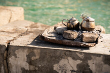Tea Set Outside On A Stone Wall In Alexandria, Egypt