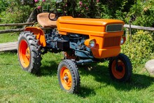 Orange Restored Tractor Parked On Green Grass