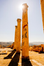 Ancient Roman Columns In The City Of Jerash, Jordan