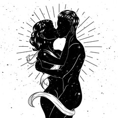 Poster - Woman and man kissing, beautiful sensual couple in love on space background. Vector illustration