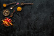 © 279photo - Cooking utensils and hot spices in metal bowls and spoons. Top view