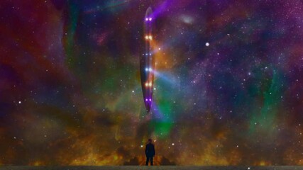 Wall Mural - Man observes UFO in vivid sky. Colorful nebula