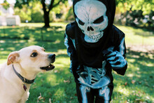 Little Boy In A Skeleton Costume Getting Ready For Trick Or Treating
