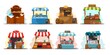© backup_studio - Street market stalls and kiosks with food illustration set. Outdoor local fair vector. Groceries, fish, honey, flowers, vegetables, fruits, meat, bakery, dairy stores. Empty wooden booth