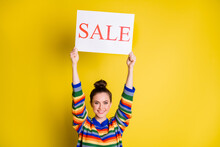Photo Of Pretty Young Woman Promoter Hold White Board Sale Above Head Isolated On Yellow Color Background