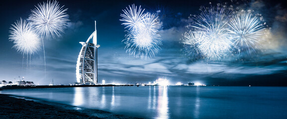 Wall Mural - fireworks around Burj Al Arab - exotic New Year destination, Dubai, UAE