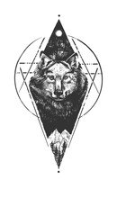 Wolf On Wild Nature Landscape Emblem