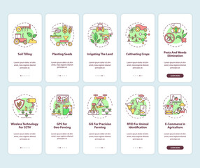 Agriculture technology onboarding mobile app page screen with concepts set. Planting seeds walkthrough 10 steps graphic instructions. UI vector template with RGB color illustrations