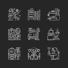 Sticker - Interior decoration chalk white icons set on black background. Christmas decor. Child room. Kitchen tools. Photo frames. Living room furniture. Isolated vector chalkboard illustrations