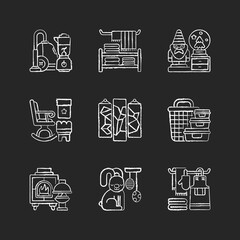 Sticker - Home decor chalk white icons set on black background. House appliances. Decorative figurines. Household textile. Rocking chair and ottoman. Wall art. Isolated vector chalkboard illustrations