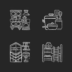 Sticker - Homeware chalk white icons set on black background. Kitchen appliances. Cooking supplies. Modern style. Children room furnitures. Dining furnishing. Isolated vector chalkboard illustrations