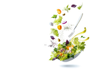 Wall Mural - Flying ingredients salad isolated on a white background. A white plate with salad and floating in the air ingredients: olives, lettuce, onion, tomato, мozzarella сheese, parsley, basil and olive oil.