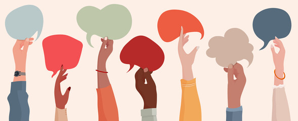 group communication of multi-ethnic and multicultural men and women. raised hands holding speech bub