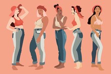 Multiracial Women Dressed In Jeans And Bras. Female Smiling Isolated Characters. Happy Girls. Body Positive. Love Your Body. Vector Illustration.