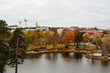 Beautiful urban autumn landscape with a calm lake. Panoramic view of the town of Kotka, Finland.